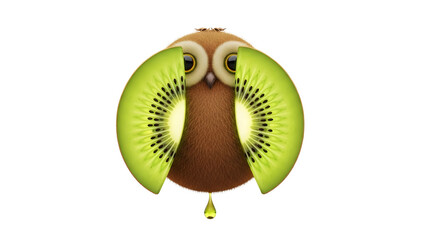 A whimsical owl creatively constructed from kiwi fruit and a drop of juice