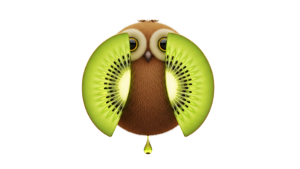 A whimsical owl creatively constructed from kiwi fruit and a drop of juice