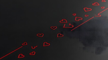 Romantic red heart outlines scattered diagonally on a dark background.