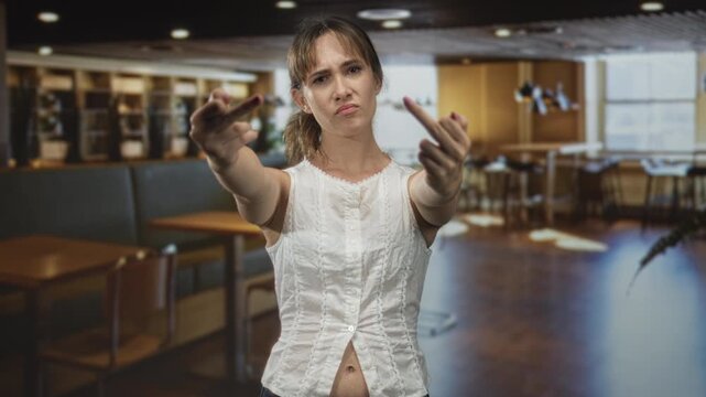 Young woman shows both middle fingers in a restaurant, hands forward and bare belly visible, direct confrontational expression; defiance rebellion protest.