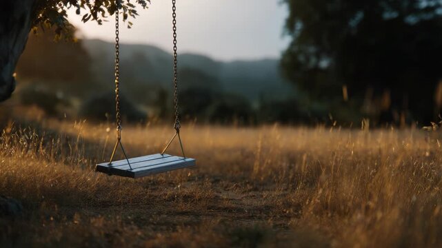 Serene sunset park with empty wooden swing hanging from tree branch