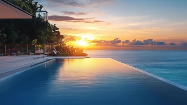 Modern villa's infinity pool reflecting a vibrant tropical sunset over the endless ocean