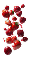 Ripe Strawberries Falling with Juice Splashes isolated on a transparent background
