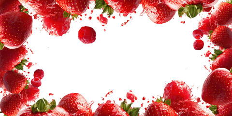 Red Strawberries and Raspberries Splash isolated on a transparent background