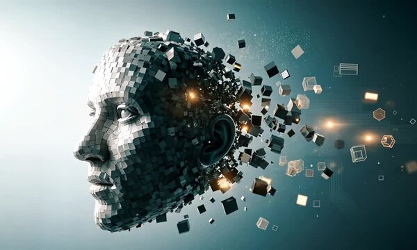 Artificial Intelligence Human Head Breaking into Pixels Data Stream