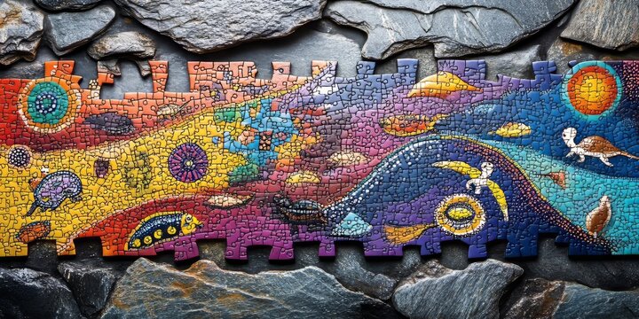 Colorful puzzle depicting australian aboriginal art on stone background