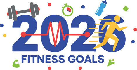 2026 Fitness Goals Concept with Running Man and Workout Equipment Vector