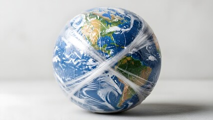 Planet Earth globe tightly wrapped in clear plastic symbolizing environmental challenges.