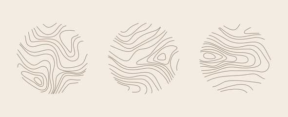 Minimalist logo design with wooden texture and circular topographic line patterns, perfect for eco-friendly brand identity and nature-inspired business concepts. Geometric wavy topographic patterns