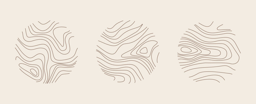 Minimalist logo design with wooden texture and circular topographic line patterns, perfect for eco-friendly brand identity and nature-inspired business concepts. Geometric wavy topographic patterns