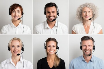 Diverse team members engaged in customer service activities while wearing headsets in a bright office setting