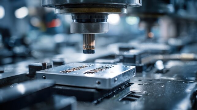 Medium shot focusing on the progressive die stamping process crafting fine electronic parts showcasing multiple stations working seamlessly in an advanced workshop.
