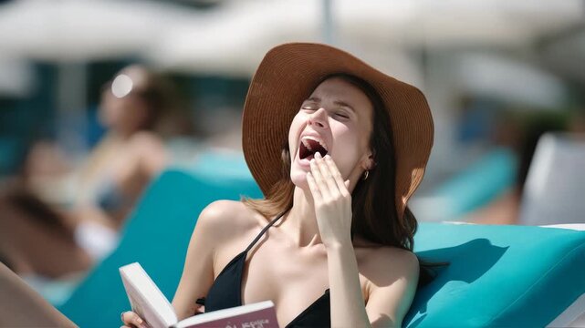Relaxing woman yawning on poolside lounge chair wearing sun hat outdoor