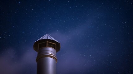 A metallic chimney vent stands against a deep blue starry night sky with subtle clouds
