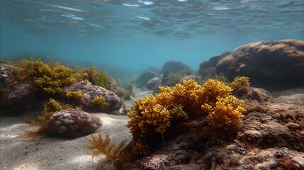 Naklejka premium Underwater scene with vibrant seaweed and rocks on a sandy seabed illuminated by sunlight filtering through the clear blue water