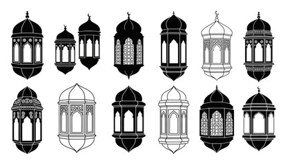 Minimal black Arabic fanous lantern vector set for Ramadan Islamic decoration isolated on white background © MdRoni