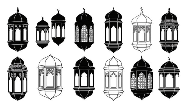 Minimal black Arabic fanous lantern vector set for Ramadan Islamic decoration isolated on white background