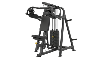 Black gym chest press machine with weight stack on black background gym equipment fitness machine