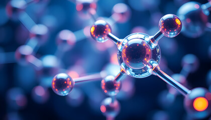 Close-up view of molecular structures with glowing spheres, depicting a scientific theme related to chemistry and molecular biology. High quality