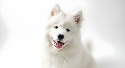 "Playful White Samoyed Puppy with a Cheerful Expression, Tongue Out and Ears Perked Up Against a Clean White Background"