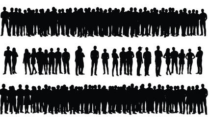 Large set of black people silhouettes standing in crowd and rows group of men and women isolated on white background
