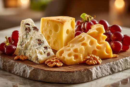 Stone-top cheese platter with assorted wedges, grapes and walnuts in rustic style - Powered by Adobe