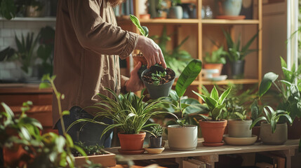  Person Caring for Indoor Plants in Modern Home.