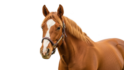 Chestnut horse with white blaze on face wearing a brown halter against black background equine animal