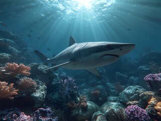Fototapeta premium Shark swimming underwater with coral reef in vibrant colors and sunlight rays for marine life documentary