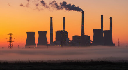 An orange sunset casts a warm glow over a silhouette of a power plant and cooling towers.