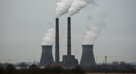 An industrial complex rises against a somber sky, its stacks expelling plumes into the air.