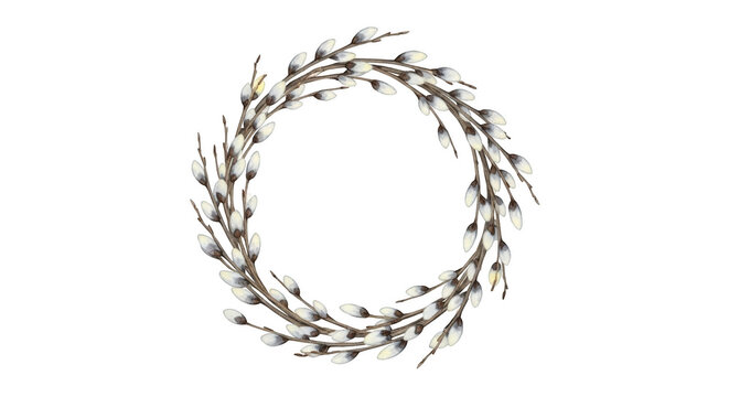 Circle wreath of pussy willow branches with white buds on black background image