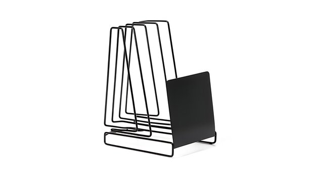 Sleek, black wireframe organizer, featuring open slots, holding upright documents on a white backdrop