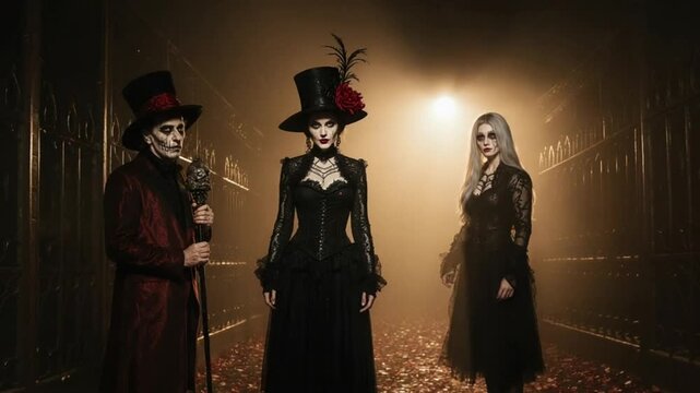 Mysterious Gothic Figures in Dark Costumes Emerge From Foggy Night