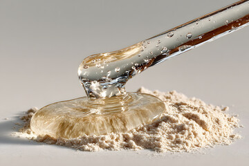 formulation process showing liquid and powder interaction in early mixing stage, clean laboratory aesthetic. Ideal for skincare, supplements, cosmetics, food science.