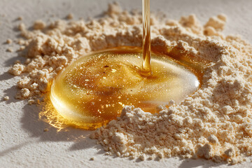 formulation process showing liquid and powder interaction in early mixing stage, clean laboratory aesthetic. Ideal for skincare, supplements, cosmetics, food science.