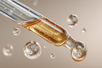  marine collagen solution and glass pipette with translucent liquid texture, cosmetic science visual. 