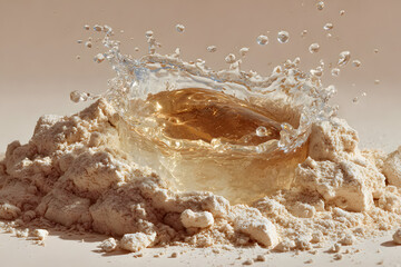 formulation process showing liquid and powder interaction in early mixing stage, clean laboratory aesthetic. Ideal for skincare, supplements, cosmetics, food science.