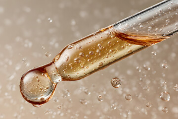  marine collagen solution and glass pipette with translucent liquid texture, cosmetic science visual. 