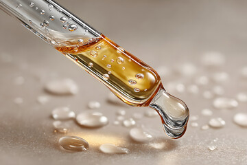  marine collagen solution and glass pipette with translucent liquid texture, cosmetic science visual. 