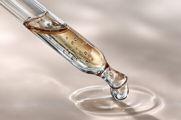  marine collagen solution and glass pipette with translucent liquid texture, cosmetic science visual. 
