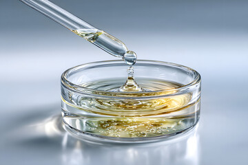 glass pipette releasing a single controlled drop into a clear petri dish, clean beauty cosmetic science scene