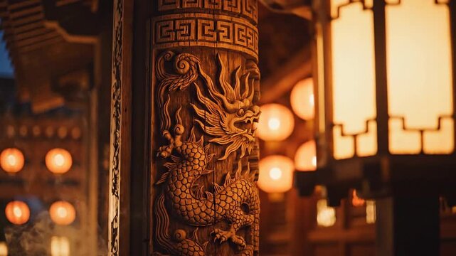 Intricately Carved Wooden Column Featuring a Majestic Dragon Motif with Warm Lantern Light and Traditional Asian Architecture in the Background