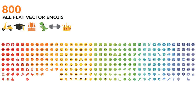 Mega set of 800 flat vector emojis with smiley faces lifestyle icons graduation cap crown dinosaur and colorful emoticons isolated