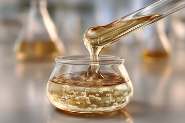 Photorealistic laboratory scene of a glass stirring rod mixing thick golden gel in a clear vessel, highlighting texture and transparency. Ideal for cosmetic formulation, food science, and clean beauty