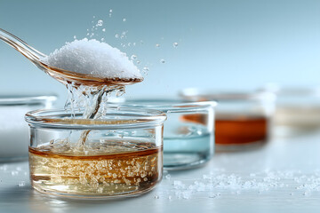 white powder gently dissolving into a clear liquid inside minimal glass labware. Clean scientific formulation aesthetic pharmaceutical. 