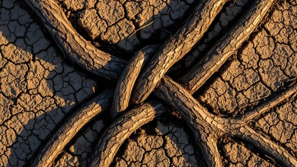 Intertwined tree roots on dry cracked earth under sunlight.