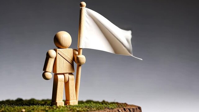A wooden figure holds a waving white flag as a symbol of surrender. Conceptual animation representing peace, truce, or defeat. Giving up in a conflict