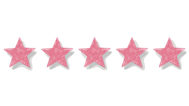 Five pink hand drawn stars for rating and feedback, scribble style star icons for customer review, excellence ranking and success,