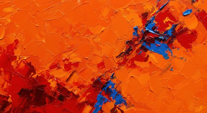 Vibrant abstract oil painting with thick impasto texture in dynamic orange, red, and blue tones